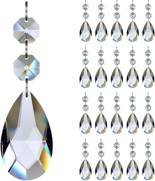 20pcs 50mm Teardrop Chandelier Crystals, Clear Replacement Parts Hanging Pendants Connected Glass Octagon Beads for Chandelier Decoration