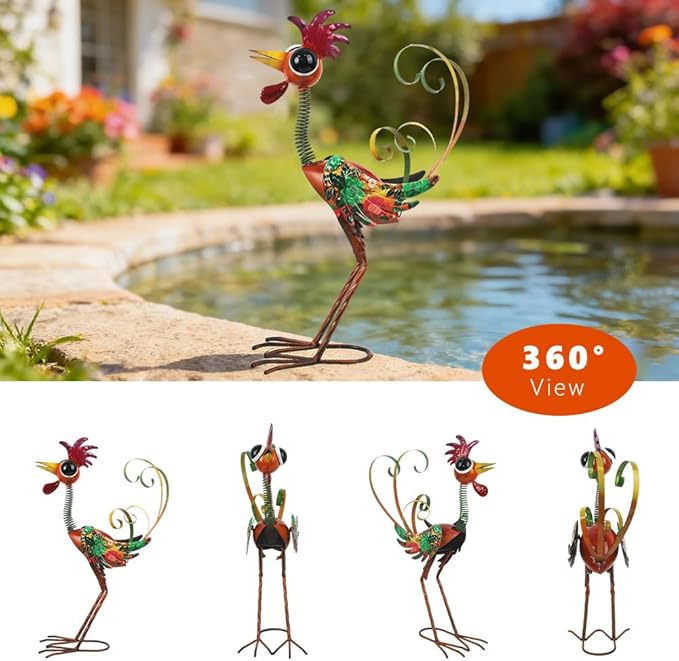 Metal Wacky Rooster Garden Statue, 24'' Rooster Decor Yard Statue Decorations Outdoor, Chicken Yard Art for Outside, Patio, Backyrad, Lawn(Red)