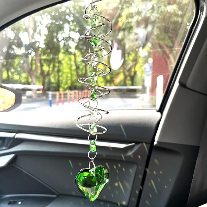 Big Heart Crystal Sun Catchers for Windows Hanging, Double-Spiral Design Gazing Ball Spiral Tail, Rainbow Maker Prism, Sun Catchers Indoor Window for Kitchen, Patio, Porch, Garden(Green)