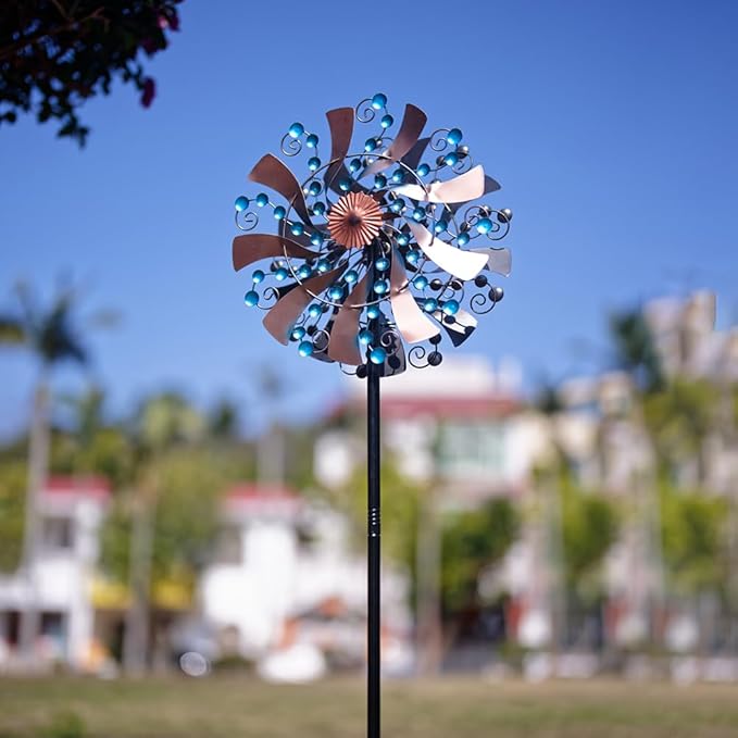 VEWOGARDEN Kinetic Wind Spinners Outdoor 13" Dia Metal Wind Spinner with Stakes Yard Art for Garden Patio Lawn Decorations, Blue & Antique Bronze