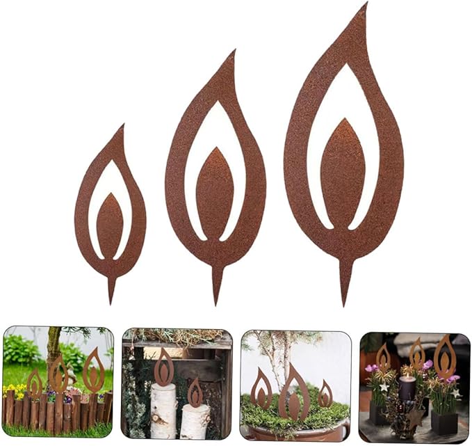 Cabilock 3pcs Metal Candle Flame Stake Rustic Iron Garden Decor for Outdoor Spaces Vintage Aesthetic Lighting for Patios and Gardens Weather-Resistant Design
