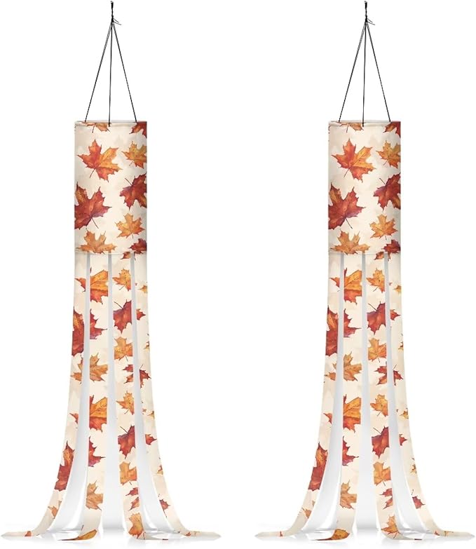 Thanksgiving Maple Leaf 2 Pieces Windsock with Tails Lightweight Durable Fabric Polyester Outdoor Hanging for Home Yard Patio Lawn Garden Balcony Party Decoration