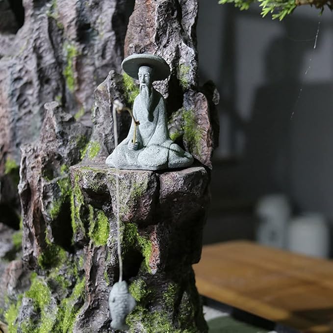 DOITOOL 2Pcs Mini Fisherman Figurines, Chinese Sitting Fishing Garden Statue, Sandstone Bonsai Fisherman Figurines for Micro Landscape Pot Aquarium Fairy Garden Decorations