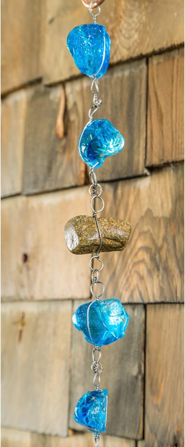 Evergreen 6 Feet Long Blue Glass and Metal Rain Chains for Gutters | Rain Catcher Chain Replacement Downspout | Decorative Rain Chains for Outside Garden Balcony Porch