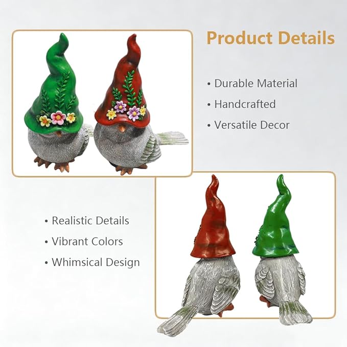 2Pcs Bird Statues Cute Bird Sculptures Garden Decor Bird Figurines Home Decor Decorative Bird Ornaments for Indoor Outdoor Patio Lawn Yard Tabletop Bookshelf Decor