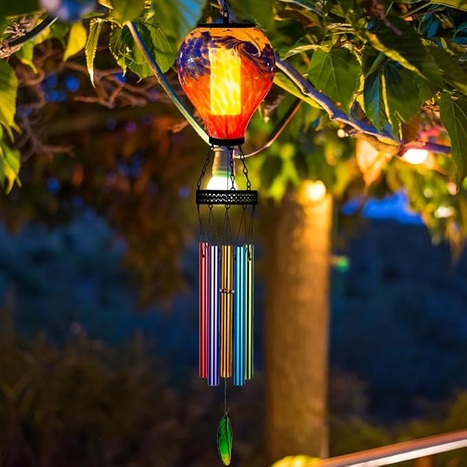 Starsoul Solar Wind Chimes for Outside, Colorful Hot Air Balloon Wind Chime with Flickering Flame, Outdoor Glass Windchimes Garden Decor, Gift for Mother's Day