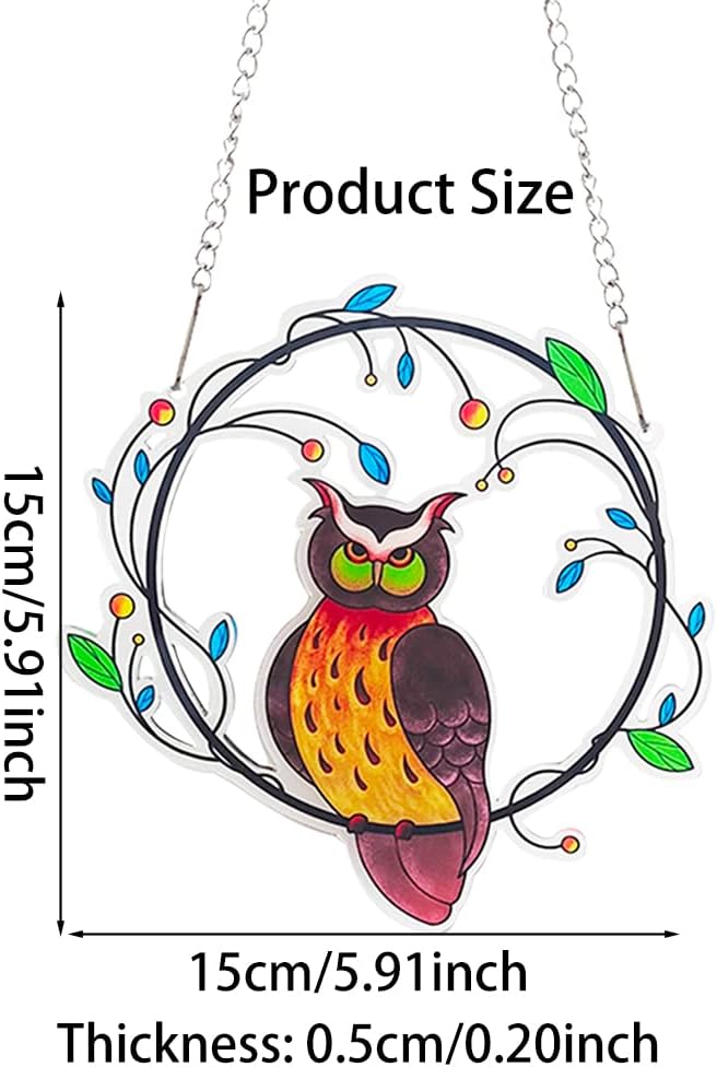 Zayookey Painted Owls Window Hanging Decor Stained Acrylic Bird Suncatcher Panel with Metal Chain for Wall Home Garden Ornament Gift