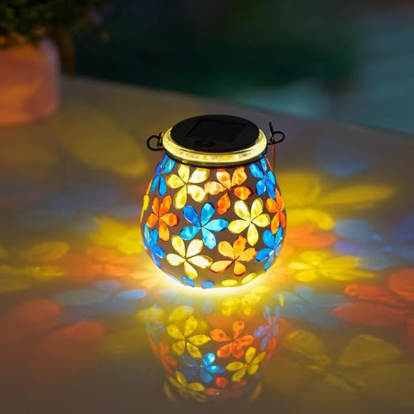 Stargarden Mosaic Solar Lanterns, Glass Hanging Lantern Waterproof Outdoor Haning Lights Flower Decorative Table Lamp for Garden ,Patio,Yard Decor