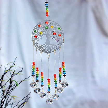 Hanging Crystal Suncatcher Rainbow Window Prism Chakra Tree of Life 7 Prism Ball Suncatcher Rainbow Maker Handmade Glass-gem Binding Gifts for Girl, Mom and Daughters, Grandma by KEINIA