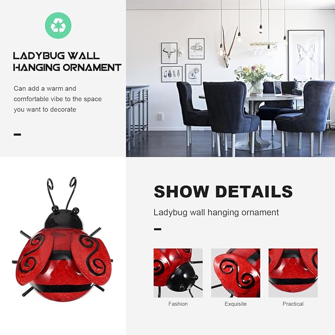 Outdoor Ladybird Craft Statue 3D Iron Ladybug Wall Hanging Decoration for Garden Patio Indoor Bedroom Living Room Adornment