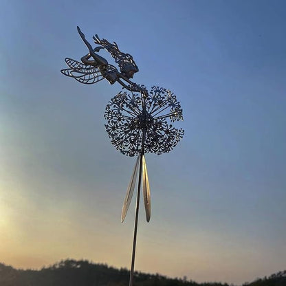 Flower Fairy Dancing with Dandelion, Fairy Garden Sculptures, Angel Metal Ornaments Gardens Art Sculpture, Stainless Steel Statue Garden Ornaments Art Decorations for Outdoor Yard Lawn Patio (F_3D)