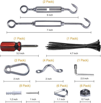 Brightown String Lights Hanging Kit for Outdoor, Includes 100Ft Stainless Steel(304) Suspension Rope Cable in Black Vinyl-Coated, Turnbuckle, Thimble, Hooks. Heavy Duty and Easy to Install