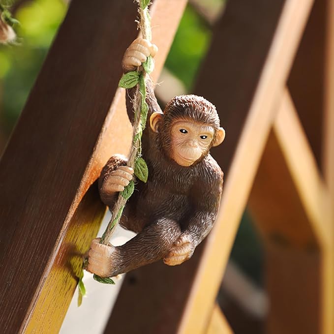Hanging Animal Garden Statue Outdoor Tree Hugger, Resin Climbing on Vine Figurine Wall Art Sculpture for Patio Lawn Yard Ornaments (Monkey)