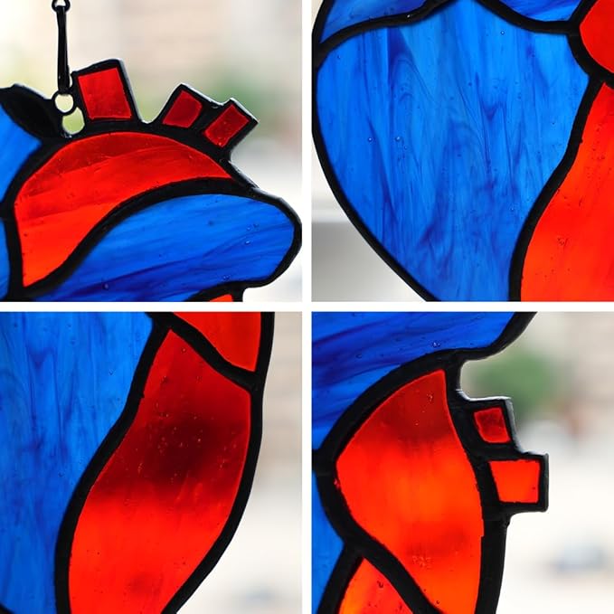 Heart Stained Glass Window Suncatchers - Red Heart Window Decor, Glass Art Housewarming Gifts for Women, Men & Dad
