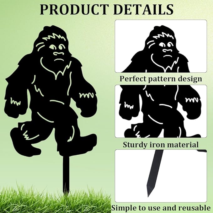 CREATCABIN 2Pcs Black Orangutan Stake Metal Big Foot Garden Decor Art Silhouette Statues Garden Decorative Ground Insert Lawn Ornaments for Outside Outdoor Big Foot Sasquatch Gifts 8/9x11.8Inch