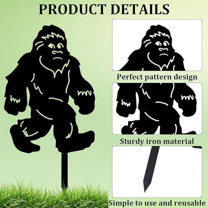 CREATCABIN 2Pcs Black Orangutan Stake Metal Big Foot Garden Decor Art Silhouette Statues Garden Decorative Ground Insert Lawn Ornaments for Outside Outdoor Big Foot Sasquatch Gifts 8/9x11.8Inch
