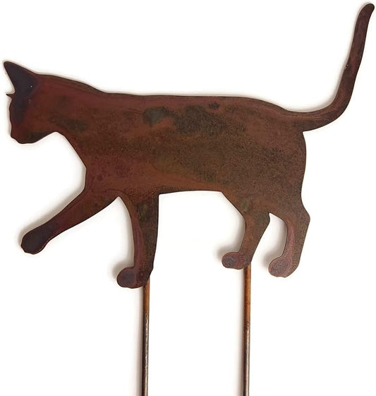 Pets and Farm Animals Metal Garden Landscape Stake (15" Wide Cat on Two Short Stakes, Naturally Rusted)