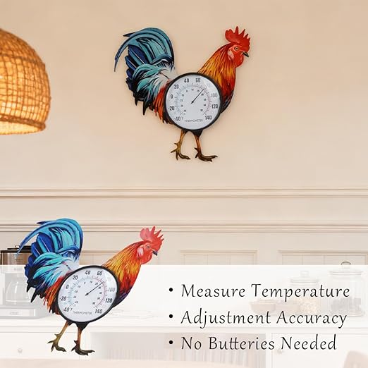 15" Rooster Outdoor Thermometer, Metal Indoor Wall Thermometer, Outside Thermometer with Large Number for Patio Home Room Decor