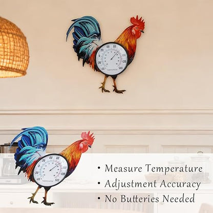 15" Rooster Outdoor Thermometer, Metal Indoor Wall Thermometer, Outside Thermometer with Large Number for Patio Home Room Decor