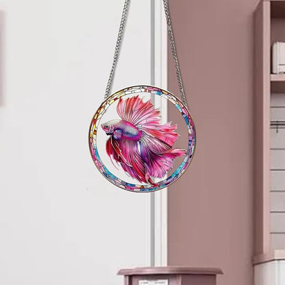 Betta Fish Stained Window Hangings with Chain – Acrylic Pink Fish Ornament for Garden, Patio and Indoor Decor, Housewarming Gift for Mom, Grandma and Fish Lovers
