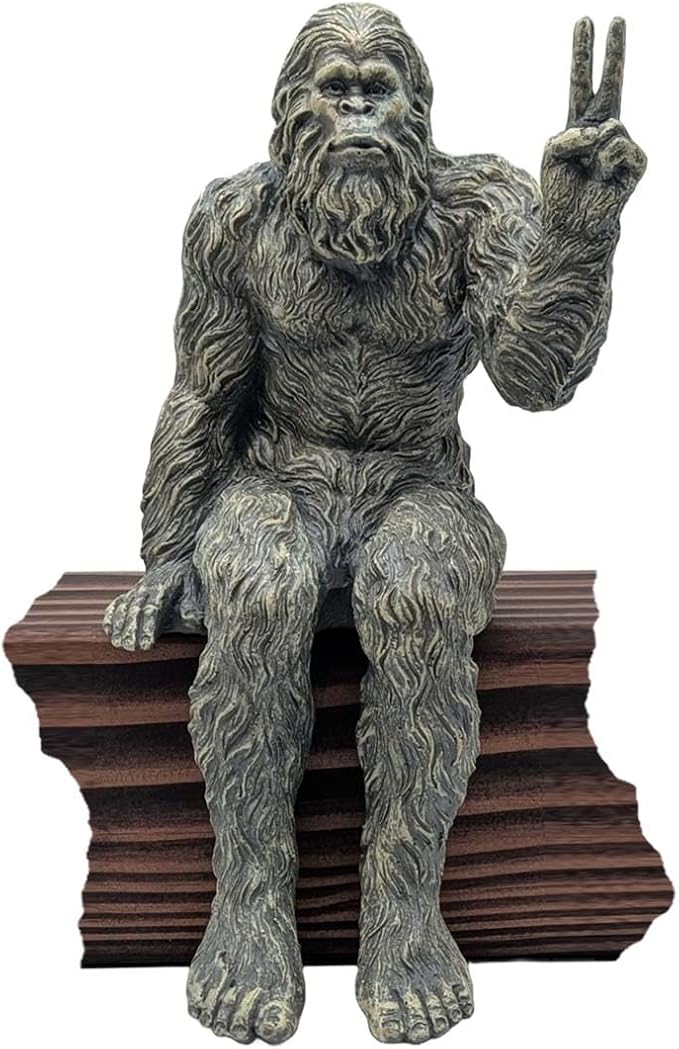 John Bernard & Company Bigfoot Peace Sign Decorative Sasquatch Yeti Statue/Figurine Indoor/Outdoor Sculpture for Patio, Deck, Home, Office 10 in H Shelf Sitter Figurine (Stone Gray)