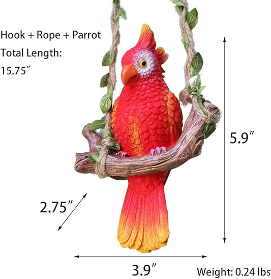 Hanging Parrot Garden Statue Decor Outdoor Hanging Animals Sculpture Decorations Tropical Swing Bird Figurine for Patio Tree Plant Lawn Yard Porch Balconies (Red)
