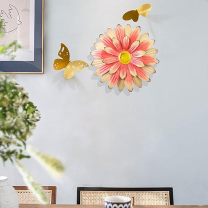 KorBabec 1 Pcs Metal Flower Wall Art Decor for Indoor Outdoor, 7.9" Metal Sunflower Wall Art for Garden Backyard Decor, Multiple Layer Hanging Flower Wall Decor for Bathroom, Living Room, Porch (Pink)