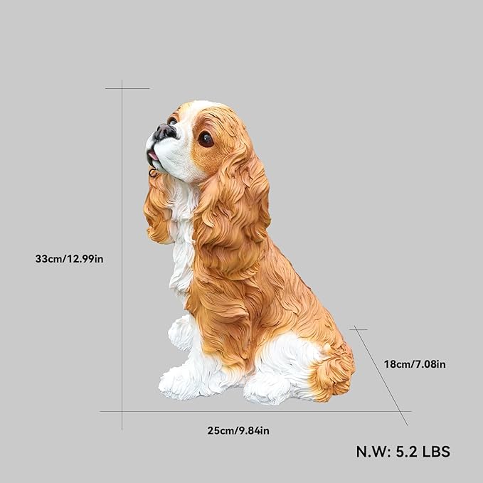 Cavalier King Charles Spaniel Dog Garden Statue with Solar Lantern, Lifelike Outdoor Puppy Sculpture with Interchangeable Welcome & On Patrol Sign, Resin Yard Art Decor for Patio Lawn Porch