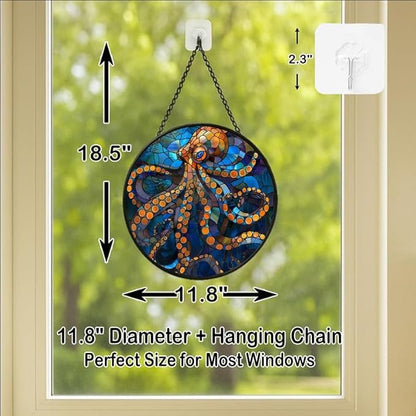Stained Glass Window Hanging Octopus Theme 11.8in Sun Catchers Panel for Indoor Decorative Display for Mom Wife Lovers Festive