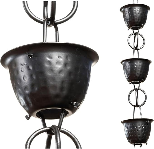 Monarch Rain Chains for Gutters Aluminum – 8.5 ft Hammered Black Rain Chain for Outside, Decorative Heavy Duty Gutter Catcher Downspout Replacement, Modern Durable Hanging Gutter Chain for Outdoor