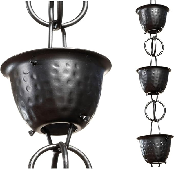 Monarch Rain Chains for Gutters Aluminum – 8.5 ft Hammered Black Rain Chain for Outside, Decorative Heavy Duty Gutter Catcher Downspout Replacement, Modern Durable Hanging Gutter Chain for Outdoor
