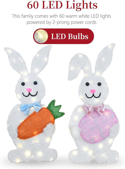 Outdoor Easter Bunny Yard Decorations, Lighted Metal Bunny Decor Set of 2, 30 Inch, Plug-in Pre-Lit LEDs for Lawn Garden Front Porch