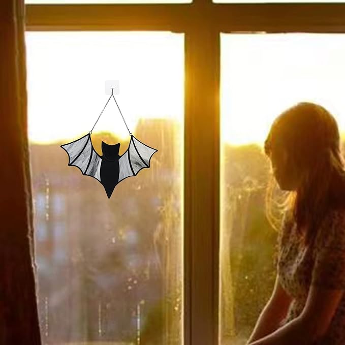Halloween Bat Decoration Stained Glass Window Hangings - Bat Suncatcher Ornaments Spooky Bats Craft Window Decor Gifts(3.9"×3.9")