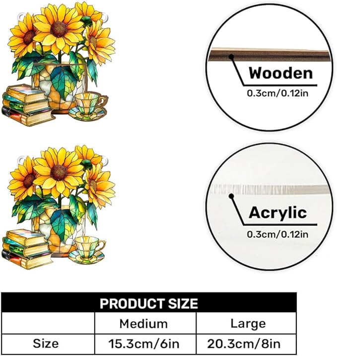 Jesuspirit - Window Hanging Suncatcher – Crystal Clear Acrylic & Wood Sun Catcher for Home Decor, for Women (Nostalgic Sunflowers, Books, and Tea, 8 Inches)