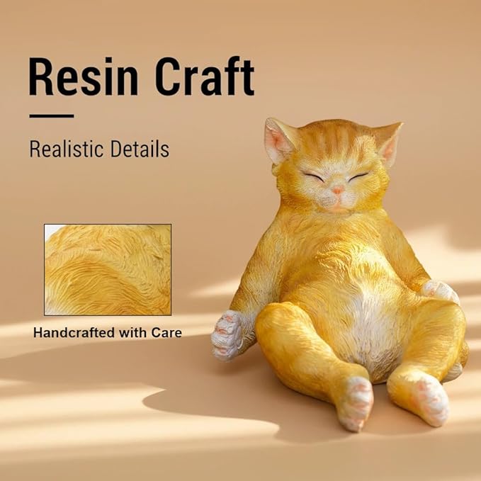 Orange Cat Garden Statue, Funny Resin Cat Figurine for Outdoor Indoor Decor, Cute Relaxing Cat Sculpture for Patio Yard Lawn Porch Shelf, Cat Lover Gift, Weather Resistant, 9.8" L x 5.9" W x 6.7" H