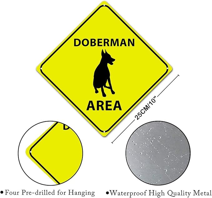 Warning Doberman Area Aluminum Metal Sign Doberman Dog Caution Crossing Xing Street Sign Yellow Diamond Shape Funny Metal Sign For Indoor Outdoor 10x10in