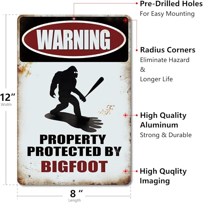Yniaun Decor Vintage Bigfoot Decor Gifts, Funny Sasquatch Metal Tin Signs, Yard Forest Garage Garden Wall Decor - Warning Property Protected by Big foot 12 x 8 Inches Outdoor & Indoor (2pcs)