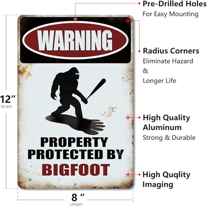 Yniaun Decor Vintage Bigfoot Decor Gifts, Funny Sasquatch Metal Tin Signs, Yard Forest Garage Garden Wall Decor - Warning Property Protected by Big foot 12 x 8 Inches Outdoor & Indoor (2pcs)