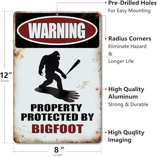 Yniaun Decor Vintage Bigfoot Decor Gifts, Funny Sasquatch Metal Tin Signs, Yard Forest Garage Garden Wall Decor - Warning Property Protected by Big foot 12 x 8 Inches Outdoor & Indoor (2pcs)