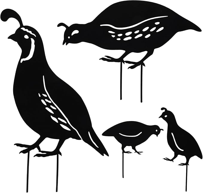 SEWACC 4pcs Iron Cast Animal Stake Statue Outdoor Quail Family Yard Decor Black Metal Quail Art Garden Quail Decor Bird Statue Lawn Backyard Outdoor Decoration