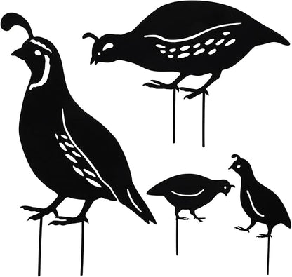 SEWACC 4pcs Iron Cast Animal Stake Statue Outdoor Quail Family Yard Decor Black Metal Quail Art Garden Quail Decor Bird Statue Lawn Backyard Outdoor Decoration