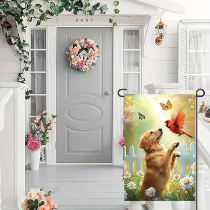 Spring Summer Golden Retriever Garden Flags 12x18 Double Sided, Small Burlap Seasonal Cardinal Floral Dog Garden Flag Spring Summer Outdoor Yard Decorations for Outside Lawn Décor