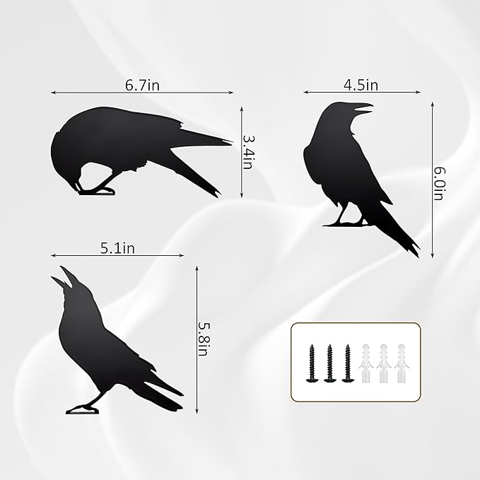 Set of 3 Metal Raven Statues - Gothic Crow Decor for Outdoor Fence Topper, Garden, and Halloween Displays | Fake Crow Ornament for Witchy Garden Decor Yard, Patio & Lawn | Unique Halloween Raven Gift