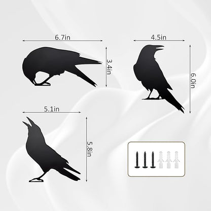 Set of 3 Metal Raven Statues - Gothic Crow Decor for Outdoor Fence Topper, Garden, and Halloween Displays | Fake Crow Ornament for Witchy Garden Decor Yard, Patio & Lawn | Unique Halloween Raven Gift