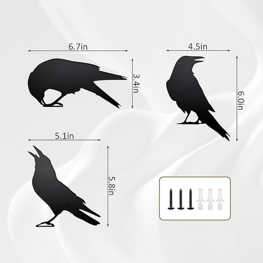 Set of 3 Metal Raven Statues - Gothic Crow Decor for Outdoor Fence Topper, Garden, and Halloween Displays | Fake Crow Ornament for Witchy Garden Decor Yard, Patio & Lawn | Unique Halloween Raven Gift