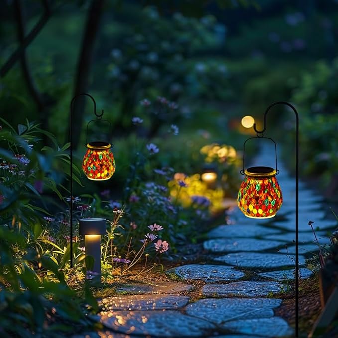 Starsoul 2 Pack Solar Lanterns Outdoor Waterproof, Exquisite Colorful Mosaic Glass Solar Garden Decor, Gifts for Women Mom Grandma