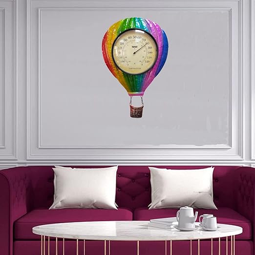 Metal Balloon Thermometer Indoor Outdoor Wall Art Decor, Colorful hot Balloon Plaque Sculpture Hanging Mounted for Living Room Bedroom Kitchen Workroom Patio, no Battery Required