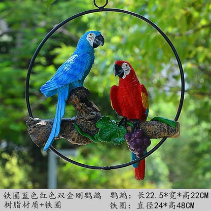 Mini Garden Statues Hanging Iron Ring Parrots, Resin Parrot Hanging Statue, Hanging Birds Figurine for Pathways Yard Patio Office Home Indoor Outdoor Tree Decorations (C-1)