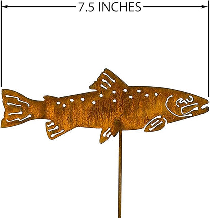 Swimming Trout Garden Stake Set of 3, Made in USA, Rusty Steel, Real Rust Finish (Small)