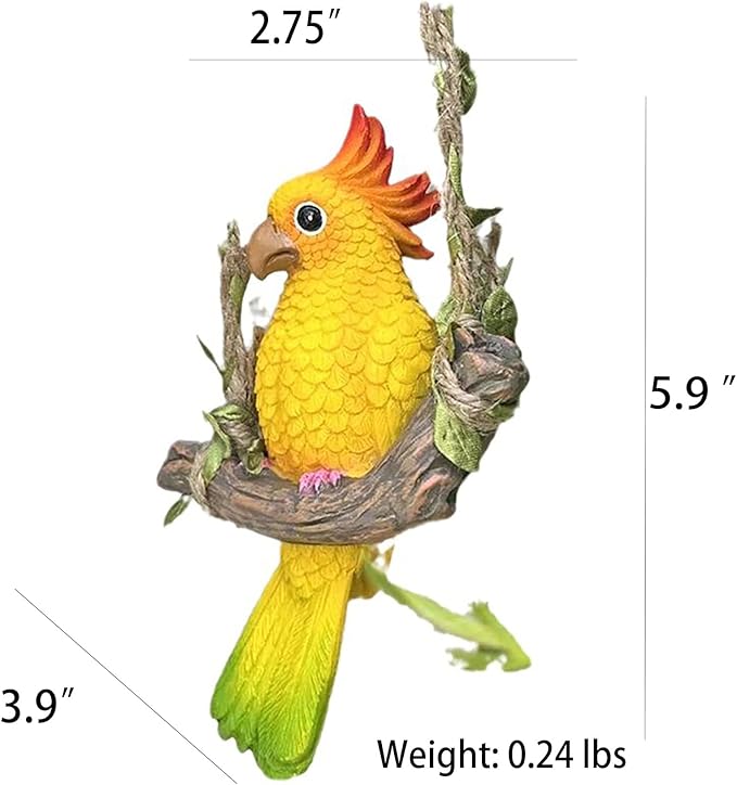 Resin Parrot Hanging Garden Decor Swing Figurine Ornaments, Outdoor Hanging Bird Sculpture Decor Perfect for Patio, Lawn, Gardens, Balconies, Indoor and Outdoor Spaces Yellow & Green Tail